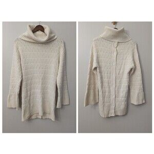 Lacoste Turtleneck Tunic Sweater Cream Wool Cashmere Fisherman Button Back M